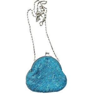Caché Blue Beaded Evening Bag with Silver Chain